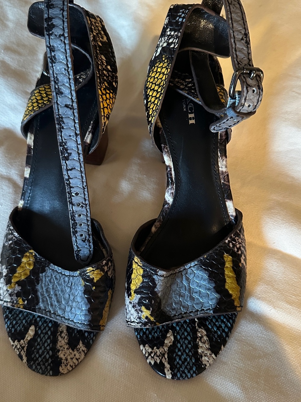 Coach Women's Black m, Blue & Yellow Snakeskin Strap Heels